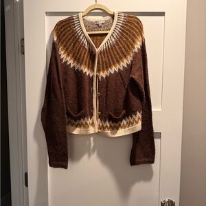 J. Crew Fairisle Brown and Cream Cardigan Sweater with Gold Buttons